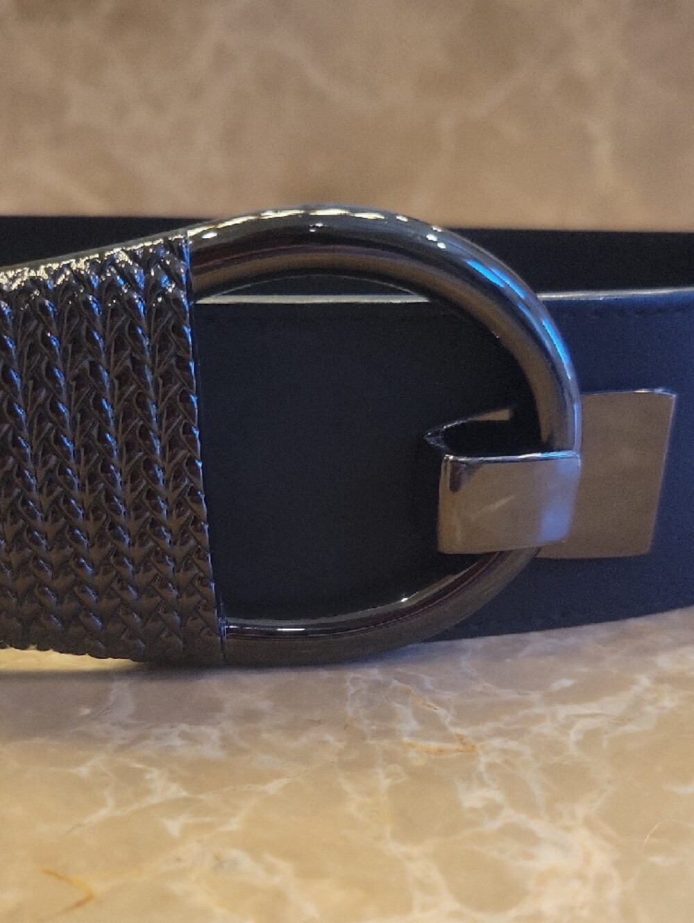 *White House Black Market Black Wide Elastic Belt with Gunmetal Buckle